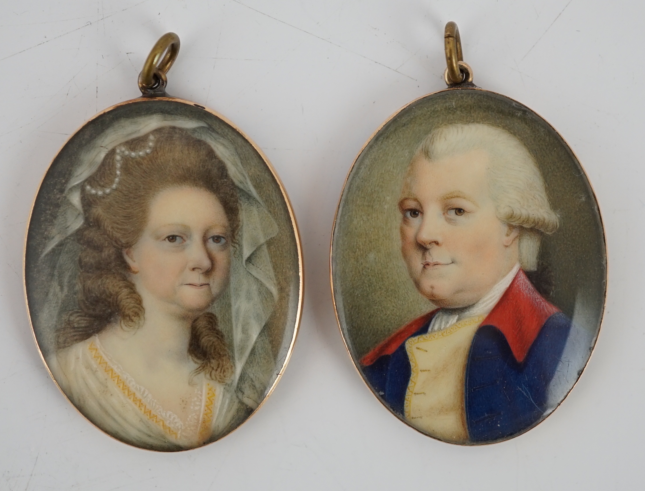 English School circa 1790, Portrait miniatures of an Army Officer and his wife (a pair), probably David Jenkinson and his wife, oil on ivory, 4 x 3cm. CITES Submission reference RFT2468C